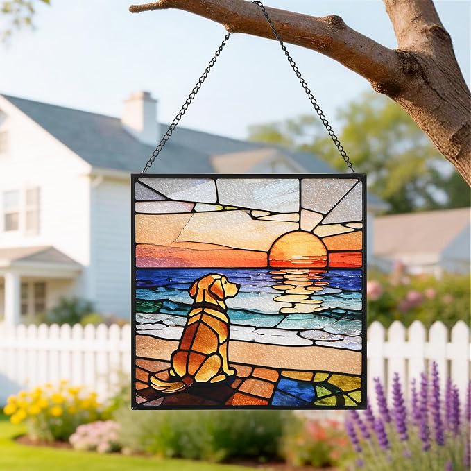 Stained Glass Window Hanging, 7.8 in Sun Catcher Glass Panel Boho Wall Art Decor with Chain Diamond Glass Panel Hangings Scenery Sun Catchers Decor for Birthday for Lover Couple Mom (Dog)