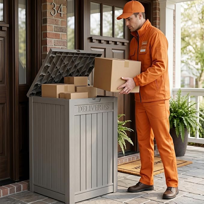 Outdoor Storage Box, 70 Gallon Package Delivery Boxes for Outside, with Lockable Secure, Deck Box Outdoor Waterproof for Entryway, Front Porch, Backyard, Garden, Patio, Lawn, Grey