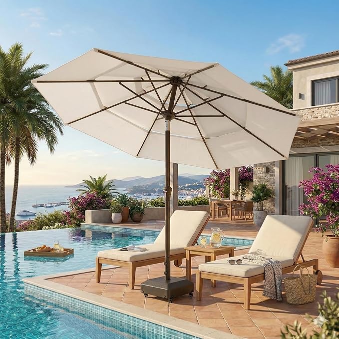 10ft Patio Umbrella, 3 Tier Outdoor Market Table Umbrellas with 8 Fiberglass Ribs and Push Button Tilt, Windproof, Vented Canopy, UV Protection for Deck, Pool, Backyard