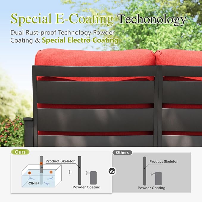 Sophia & William Patio Furniture Sets for 7 Outdoor Conversation Set 7 Pcs with 2 x Swivel Sofa Chairs, 2 x Armrest Chairs, 1 x 3-Seat Sofa, 2 x Ottomans for Coffee Garden Backyard Poolside Red