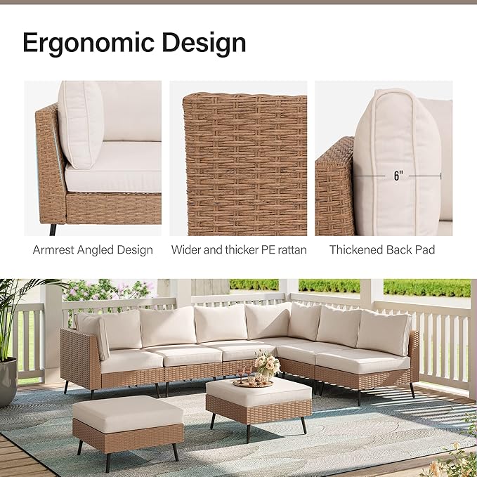 LAUSAINT HOME 9 Pieces Outdoor Patio Furniture Set with 43" Propane Gas Fire Pit Table, Outdoor Sectional Sofa PE Rattan Wicker Patio Conversation Sets with Thick Cushions(Beige
