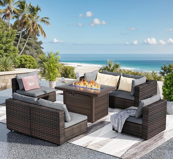Grezone 7 Piece Patio Furniture Set with Fire Pit Table, Patio Sectional Furniture Sofa Set, Patio Conversation Sets with Cushions and Glass Coffee Table for Garden Lawn Balcony Porch Deck,Grey