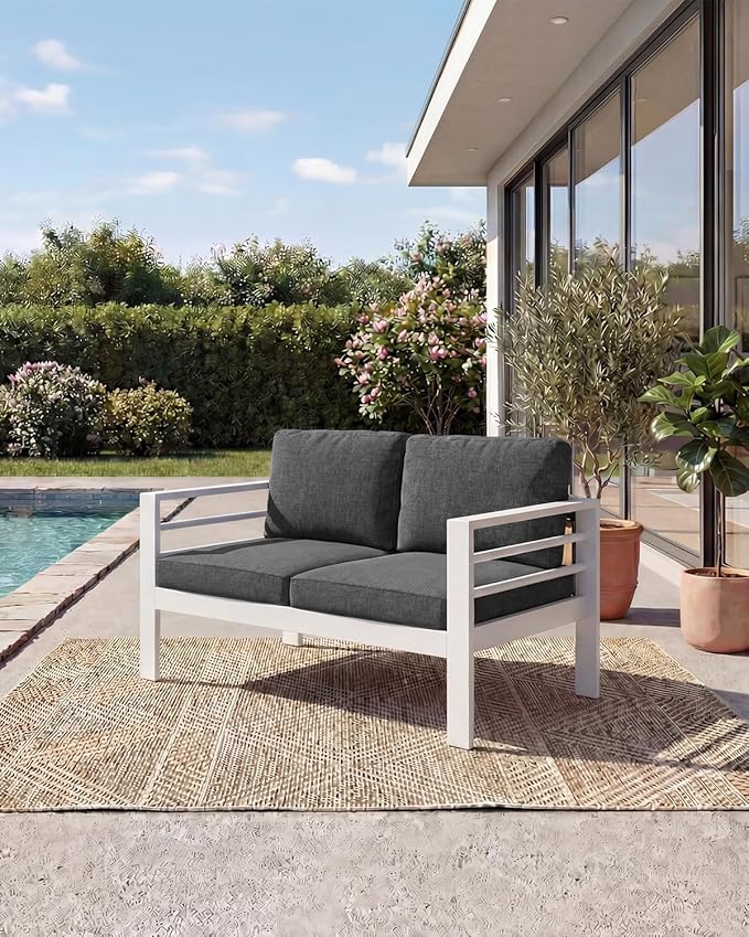 AECOJOY Aluminum Patio Furniture Loveseat, Modern Outdoor Furniture with Washable 5 inch Thick Cushion, Dark Gray Cushion