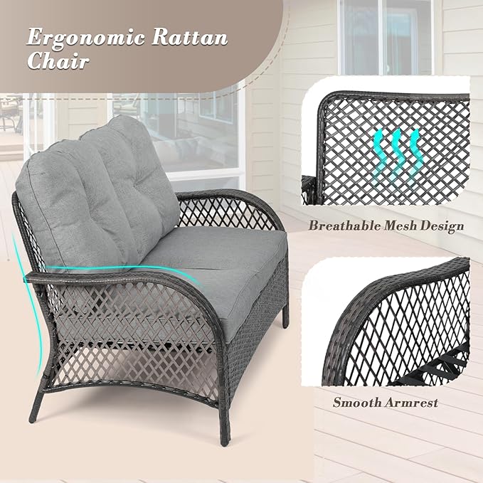 Athena Collection Outdoor Furniture Set Patio Loveseat and Table Set of 2, PE Rattan Sofa Conversation Set Double Chair Match Thickened Cushion and Coffee Table for Garden Porch Yard, Gray