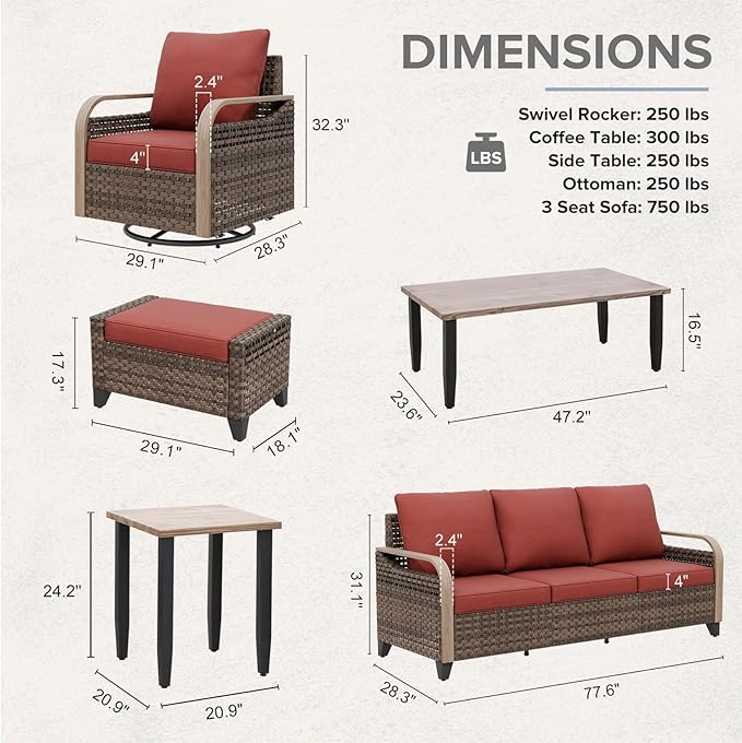 COOS BAY Modern Wicker Outdoor Furniture Set, 9 Piece Patio Conversation Set with 4 Swivel Rockers, a 3 Seat Couch, 2 Ottomans, Coffee Table & Side Table, 9 Piece, Brown/Red
