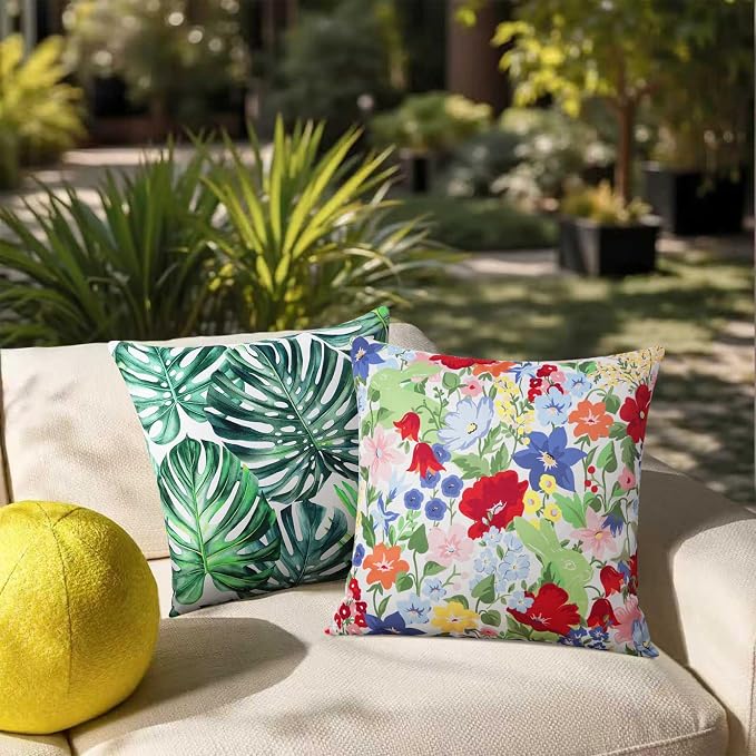 Adabana Outdoor Waterproof Floral Pillow Covers 16x16 Inch | Colorful Outdoor Pillow Covers Summer Decirative for Patio Furniture Porch Garden Pillows