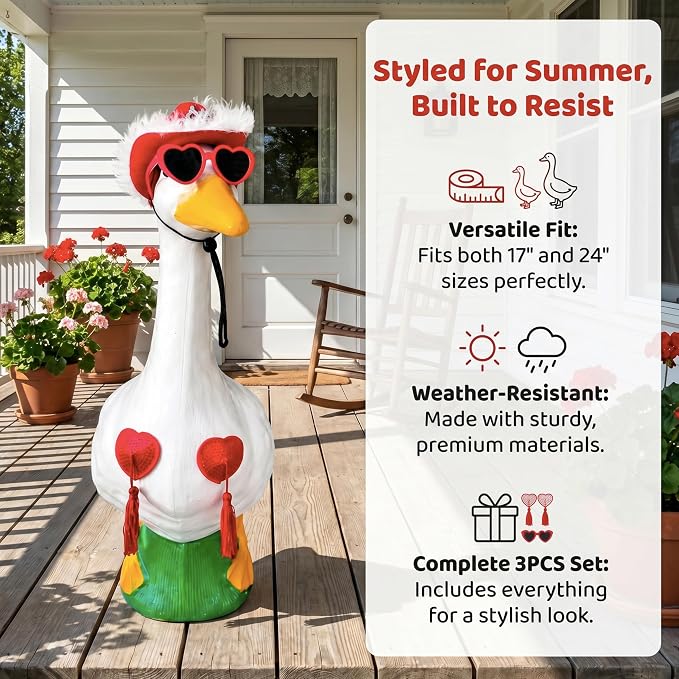 Funny Porch Goose Summer Decor Set Hat, Sunglasses & Tassel Skirt for 17'' & 24'' Lawn Geese Outdoor Yard Decoration (Heart Fringe)