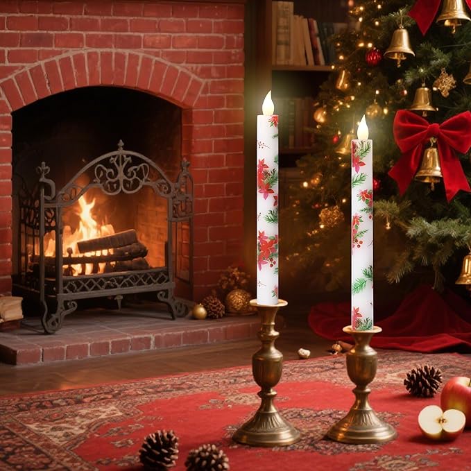 Christmas Flameless Taper Candles 2 Pack Christmas Poinsettia Flowers Battery Operated Candle with Remote Real Wax Flickering LED Fake Candle Home Decor for Xmas New Year Wedding Party
