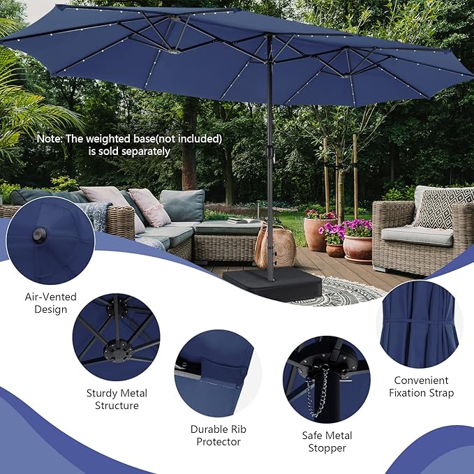 Tangkula 15 Ft Solar Patio Umbrella, Double-Sided Extra Large Outdoor Market Table Umbrella with 48 LED Lights, Crank Handle, 12 Sturdy Ribs for Poolside, Garden & Backyard (Navy)