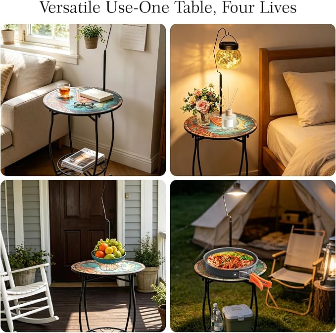 2-Tier Round Metal Side Table with Hanging Hook, Anti-Rust Weather Resistant Iron Accent Side Table for Living Room Bedroom Patio Balcony Indoor Outdoor Small Space, Easy Assemble, 25 Inch Tall