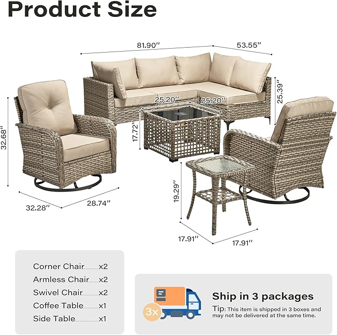 8 Pieces Outdoor Sectional Patio Furniture Set with Swivel Rocking Chairs,Conversation Sets Rattan Wicker L Shaped Couch,Modular Outdoor Sofa for Porch Balcony Backyard Beige