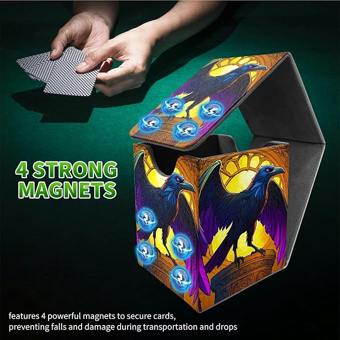 Deck Box for MTG, Cards Storage Box Fits 120+ Sleeved, Leather Medium Size Strong Magnetic Closing Card Case for Board Games Magic TCG CCG Baseball Collection, Eagle With Purple Wings