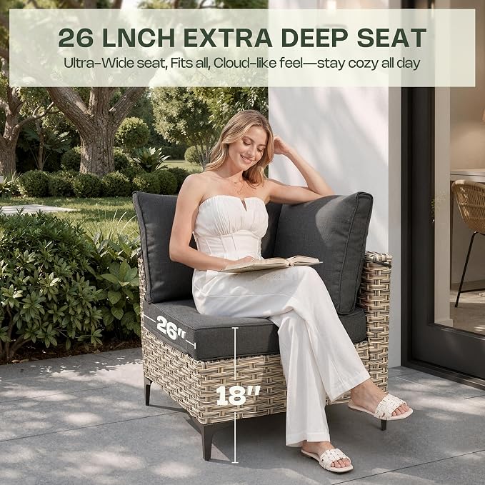 8 Pieces Patio Furniture Set, Outdoor Conversation Set with 360° Swivel Rocker Chairs, Wicker Sectional Sofa & Solar Powered Lighted Table, High Back Outdoor Furniture for Backyard & Deck, Black