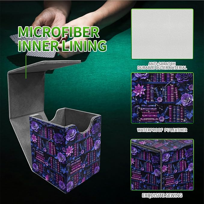 Purple Flower Books Card Deck Box for MTG, Personalized Card Storage Case Fits 120+ Sleeved Cards, Premium Leather TCG Box with Strong Magnetic Closure for Magic, CCG, PTCG, Baseball Cards