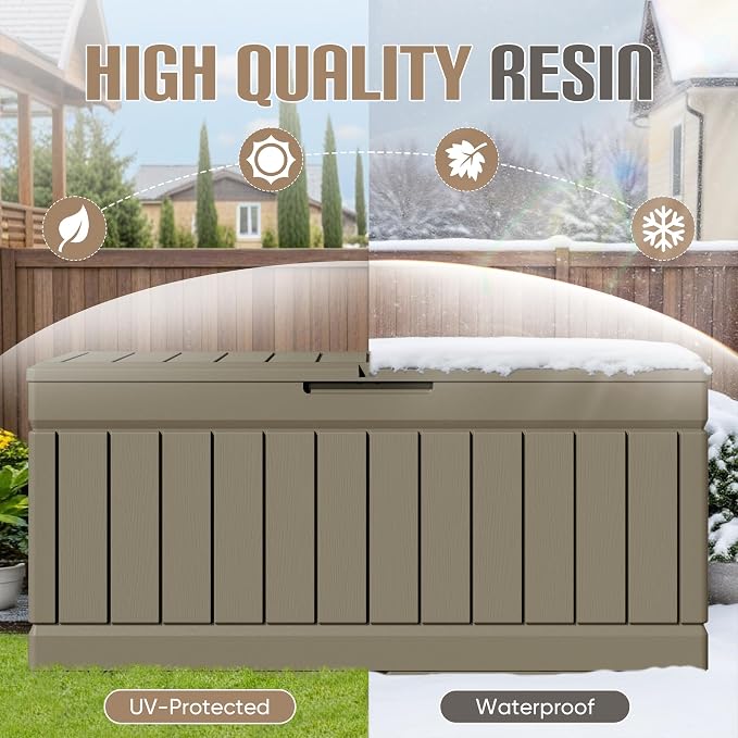 JUMMICO 78 Gallon Outdoor Deck Box Large Resin Storage Box for Patio Furniture Cushions and Garden Tools (Light Brown)