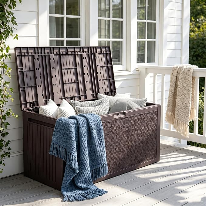 90 Gallon Outdoor Storage Deck Box with Wheels, Waterproof Resin Garden Storage Box Chest for Patio Furniture Cushions & Garden Tools, Lockable Seat Bench, Brown