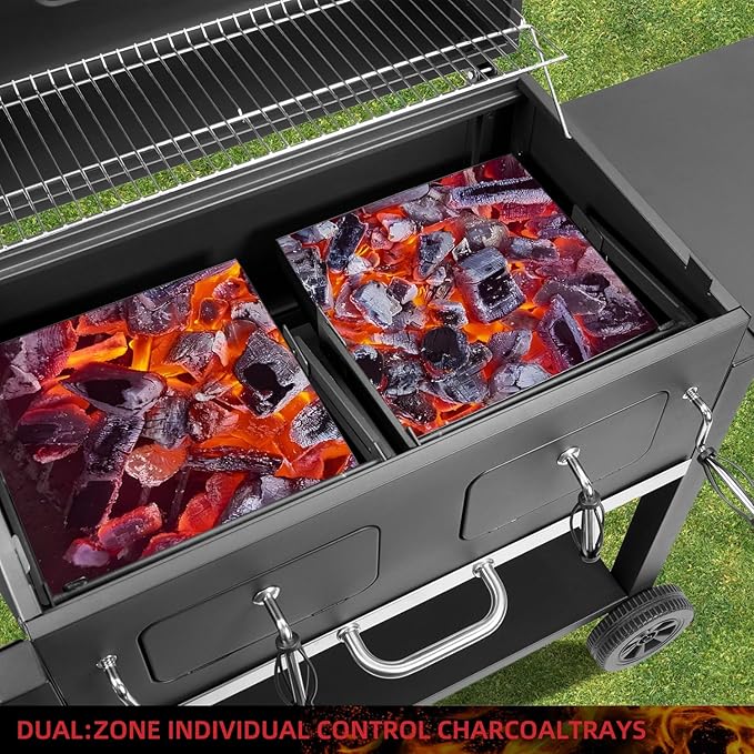 Kenadne Charcoal Grill Outdoor BBQ Grill, Extra Large Cooking Area 794 Square Inches with Two Adjustable & Individual Charcoal Tray, Foldable Side Tables for Outdoor Cooking grill Backyard