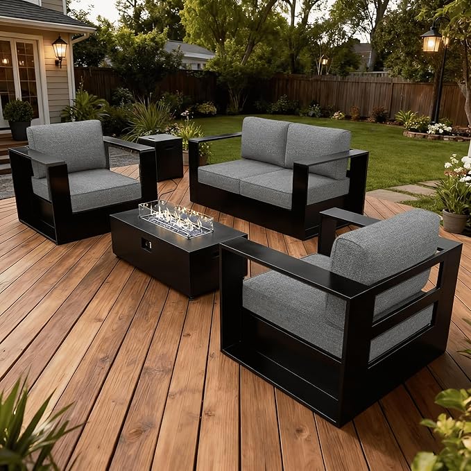 LayinSun Oversized Aluminum Outdoor Furniture Set, 4 Piece Patio Sofa Sets with Fire Pit Table, Deep Seating and Upgraded 6-inch Cushions for Porch, Balcony, Deck