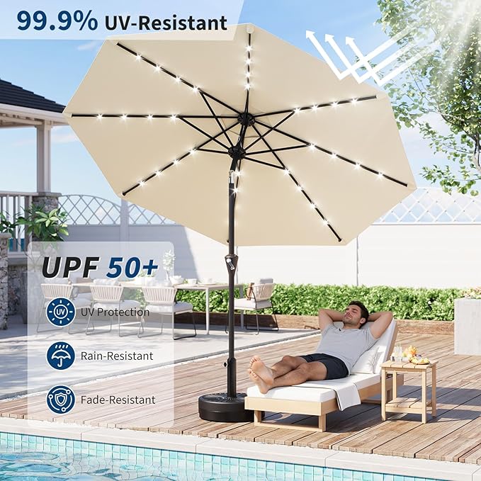 Garvee 9FT Solar Patio Umbrella with 32 LED Lights - Outdoor Table Umbrella with Crank Lift, Push Button Tilt and 8 Sturdy Ribs - Market Umbrella UV Protection for Pool, Deck, Yard, Garden -Beige