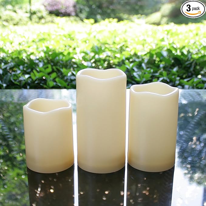 Outdoor Waterproof Flameless LED Pillar Candles with Timer Long lasting Indoor Battery Operated Electric Flickering Candle Lights for Halloween Christmas Home Wedding Party Décor Gift Choice 3-Pack