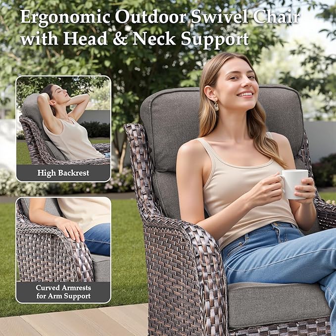 Luxury Patio Furniture Set with Fire Pit Table-4 Pieces High Back Wicker Swivel Rocker Chairs with 6" Extra Thick Cushions, Outdoor Patio Conversation Sets for Porch Deck Backyard(Brown/Grey)