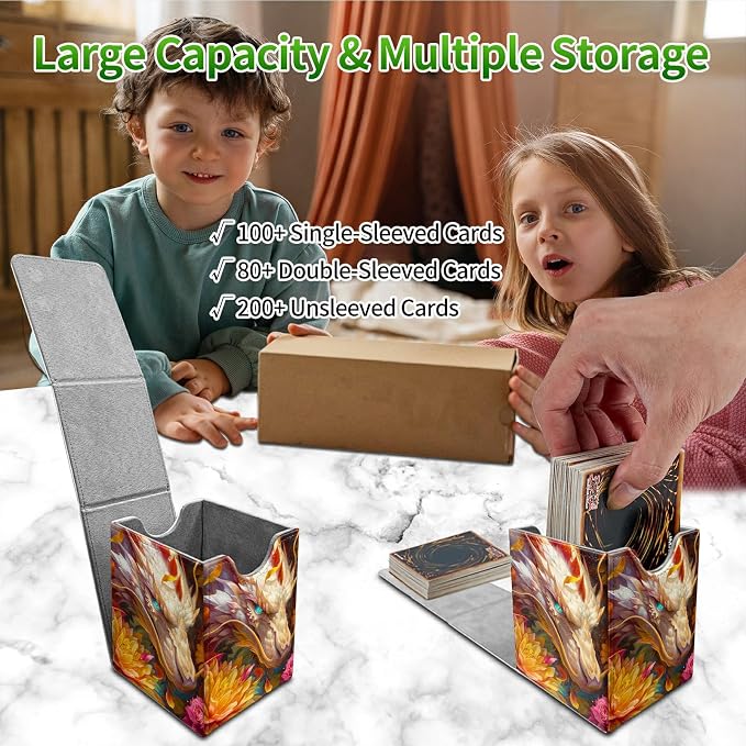 Deck Box for MTG, Cards Storage Box Fits 120+ Sleeved, Leather Medium Size Strong Magnetic Closing Card Case for Board Games Magic TCG CCG Baseball Collection, Lotus White Dragon