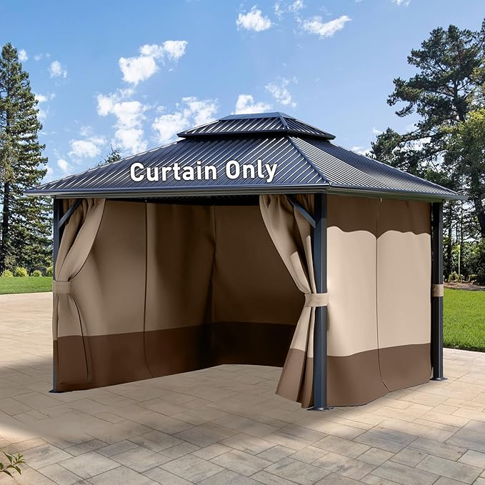 Aoodor 10x10 ft Outdoor Gazebo Curtains, 4 Panels Waterproof Privacy Sidewall Replacement with Zipper for Patio Pergola and Canopy, Sand Yellow and Brown