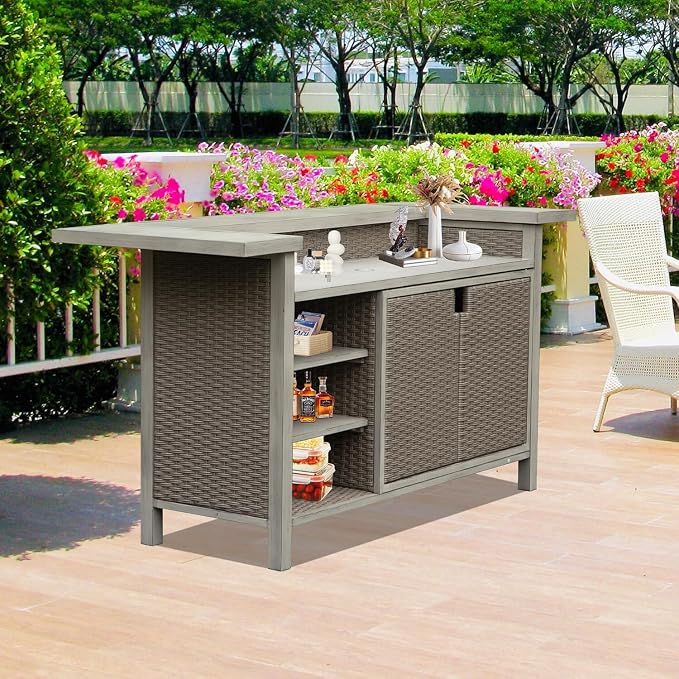 GOWE Patio Bar Table, Outdoor Aluminum PE Wicker Bar Cart with Cabinet, All Weather Use Storage Patio Cabinet for Patio Kitchen or Bar Cart, Wood Grain
