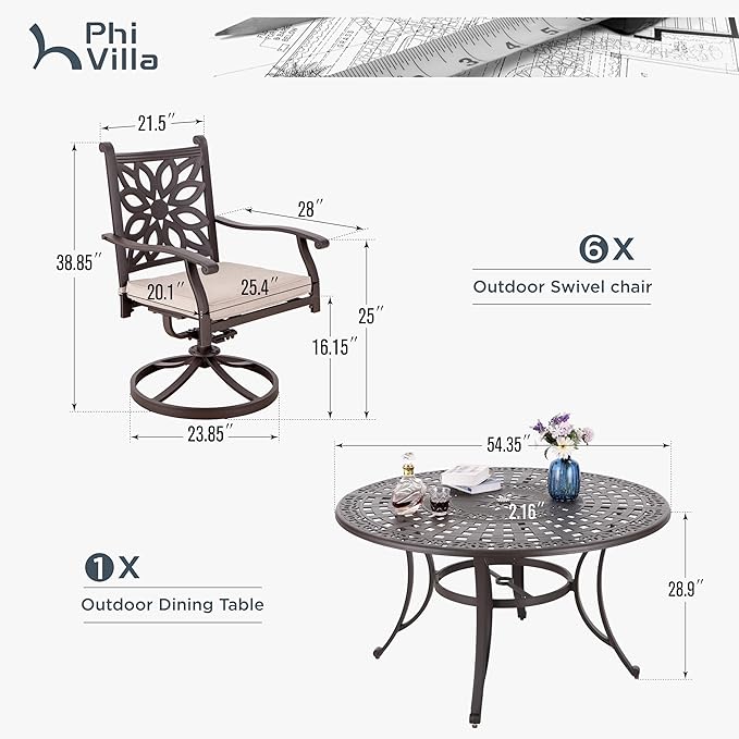 PHI VILLA 7 Pieces Outdoor Cast Aluminium Dining Set for 6, 54" Round Patio Table with Umbrella Hole & Heavy-Duty Swivel Chairs with Cushions, Large Outside Furniture Set for Deck, Porch - Brown