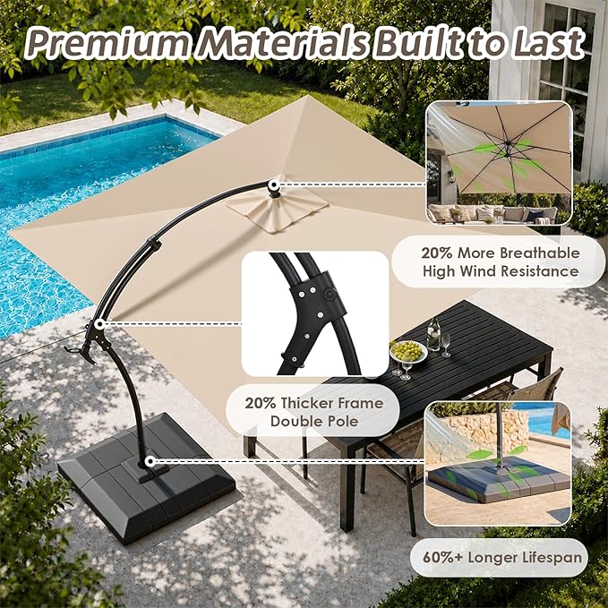 AECOJOY 10 Ft Cantilever Umbrella with Base Included, Large Square Aluminum Outdoor Cantilever Offset Patio Umbrellas w/ 360° Rotation, Infinite Tilt Adjustment for Pool, Garden, Desk, Beige
