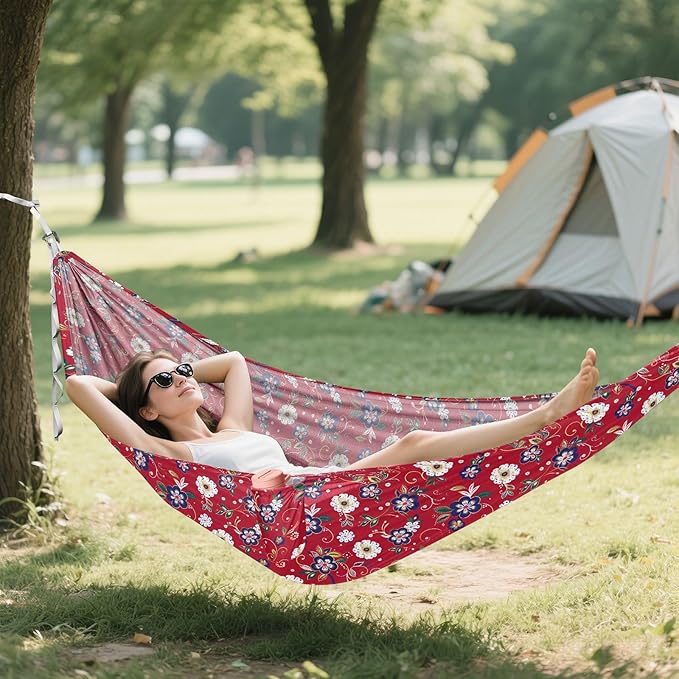 Red Flowers Traditional Style Hammocks with Hanging Rope Rope Hammock for Outside Patio Garden