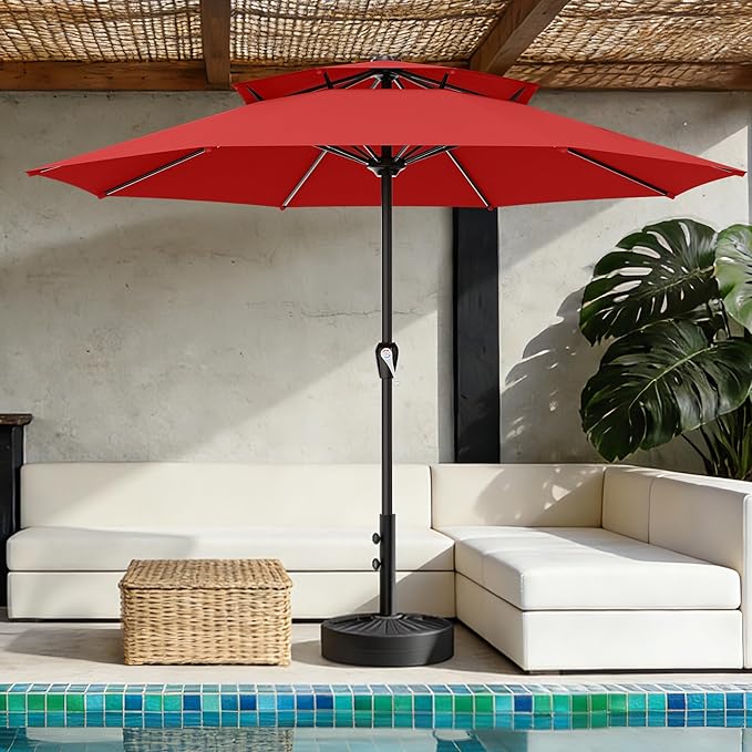 AreShark 12ft 2 Tiers Patio Umbrella - Outdoor Umbrella Waterproof UV Protection, Market Table Umbrella w/ 8 Sturdy Ribs&Crank for Pool, Porch, Garden(Red)