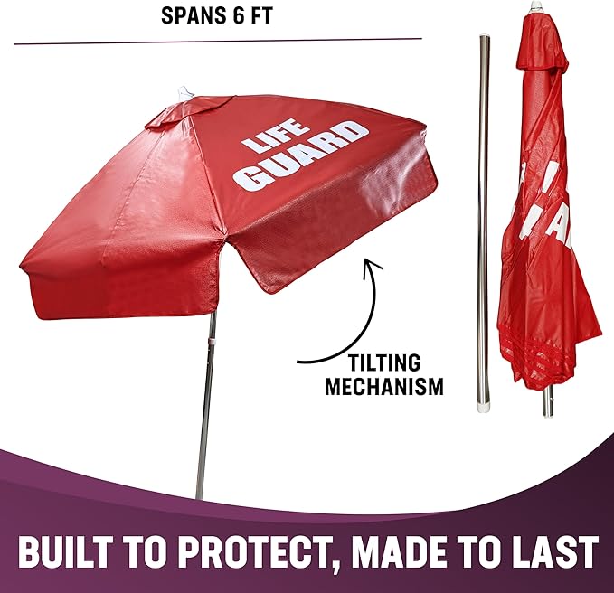 Kemp USA Heavy Duty Vinyl Lifeguard Umbrella - Great for Patio, Beach & Pool Umbrella with 45° Tilt Mechanism - Portable for Lifeguard Chair - with LIFE GUARD Logo