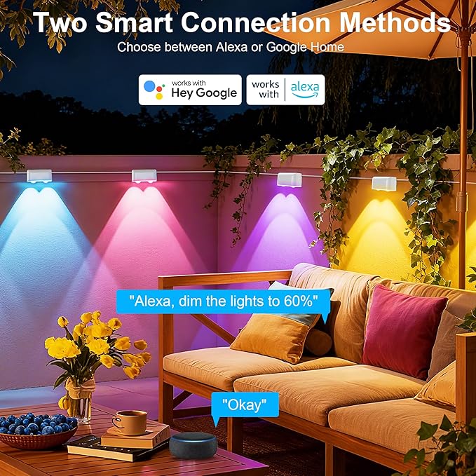 Outdoor Deck Lights, 16 Lights Smart Fence Lights Compatible with Alexa & Google Home, IP65 LED Patio Deck Lighting with Remote, Fence Lighting Music Sync for Patio Yard Garden(104.8ft)