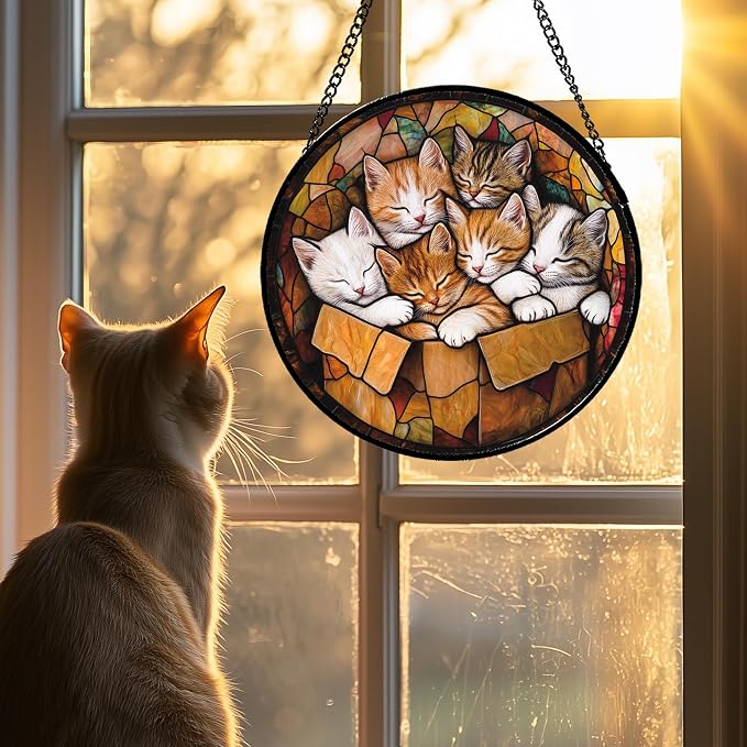 Stained Glass Window Hanging 6 Cute Kittens Large 15" - Cat Gift Suncatcher Door Sun Catcher Decor Birthday Christmas for Lost Pets Mom Men Woman Friend