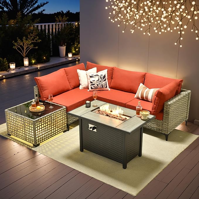 Outdoor Patio Furniture Sets,6 PCS Patio Conversation Set Outside Rattan Sectional Sofa with 42 in Fire Pit Table&Coffee Table Fit Backyard Porch Garden Poolside Balcony