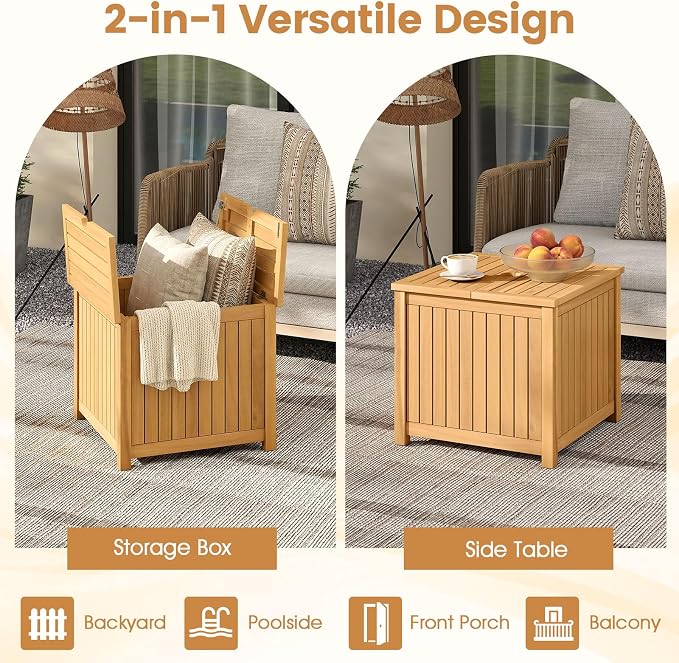 Tangkula 2-in-1 Outdoor Side Table with Storage, Acacia Wood Slatted Coffee Table with Umbrella Hole & Removable Base, Square Slatted End Storage Box for Backyard, Poolside