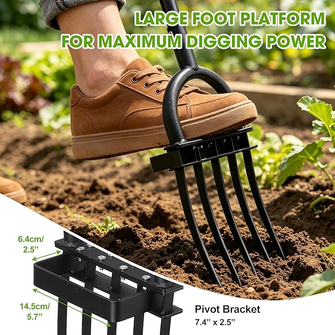 Broad Fork Garden Tool, 55" Heavy Duty 4 Sharp Tines BroadFork Hand Tiller Garden Pitchfork with Ergonomic Handles for Spading Digging Fork Gardening Cultivating Composting and Loosening
