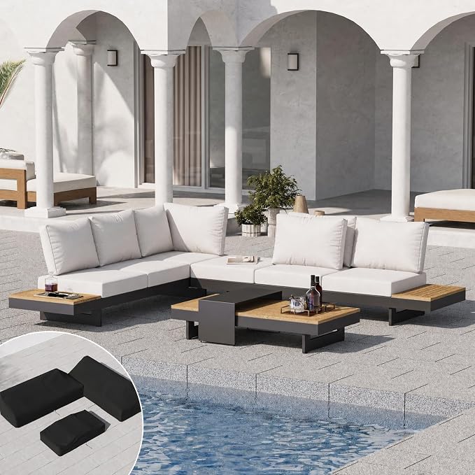 homary 4-Piece Modular Outdoor Sofa Set, Aluminum & Teak Patio Conversation Set with 600D Waterproof Covers, Adjustable Backrests, Fade-Resistant Cushions for Patio, Balcony, Deck