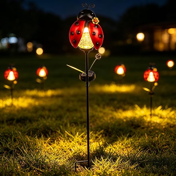 Solar Garden Ladybug Stakes Lights 2 Pack Outdoor Waterproof Metal Ladybug Decorations for Outside Yard Landscape Lawn Ornaments Lady Bug Garden Decor Unique Solar Light Decorative Gardening Gifts