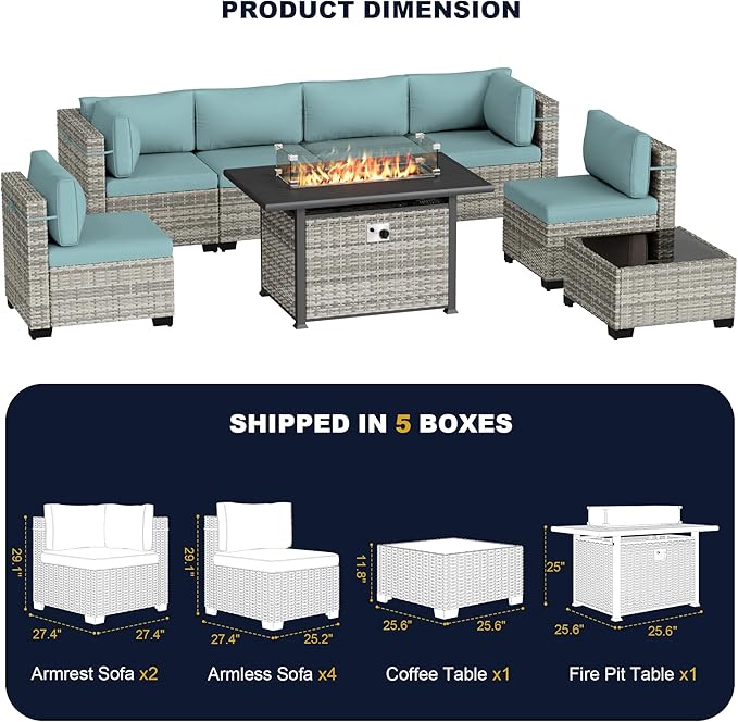 8-Piece Outdoor Patio Furniture Set with 55,000 BTU Fire Pit Table, PE Wicker Rattan Sectional Sofa Conversation Set - All-Weather Garden, Backyard Furniture, Light Blue