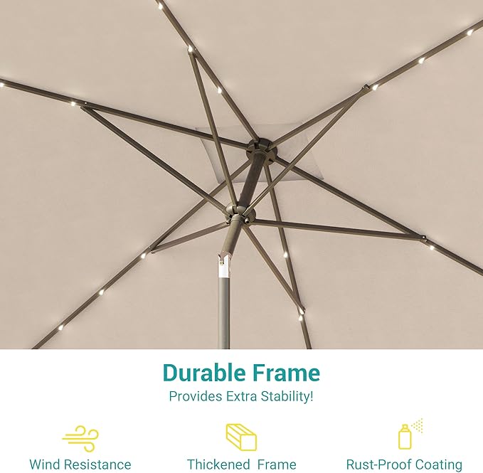 Rectangle Patio Umbrella with Solar Lights, 10 x 6.5ft Rectangular Outdoor Umbrella Table Market Patio Umbrella with Push Button Tilt and Crank for Garden, Deck, Backyard, Pool