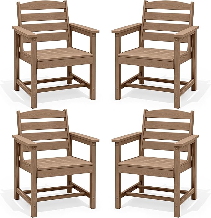 SERWALL Outdoor Dining Chairs Set of 4, All-Weather HDPE Patio Chair with 19.7" Widened Seat, for Backyard, Garden, Brown
