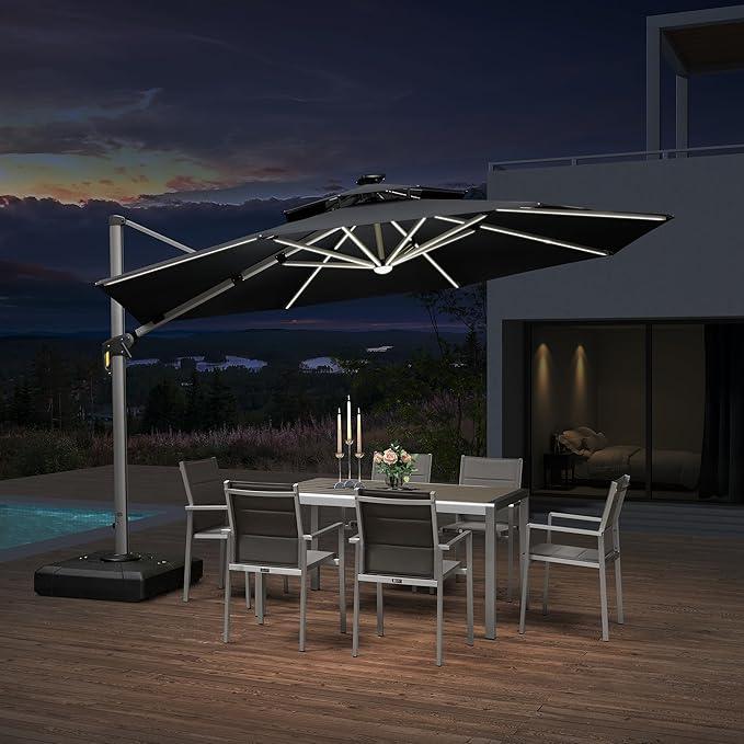 PURPLE LEAF 12ft Patio Umbrella With Base Solar powered LED Cantilever Umbrella with LED lights Windproof Outdoor Offset Umbrella for Garden Deck Pool Patio, Black