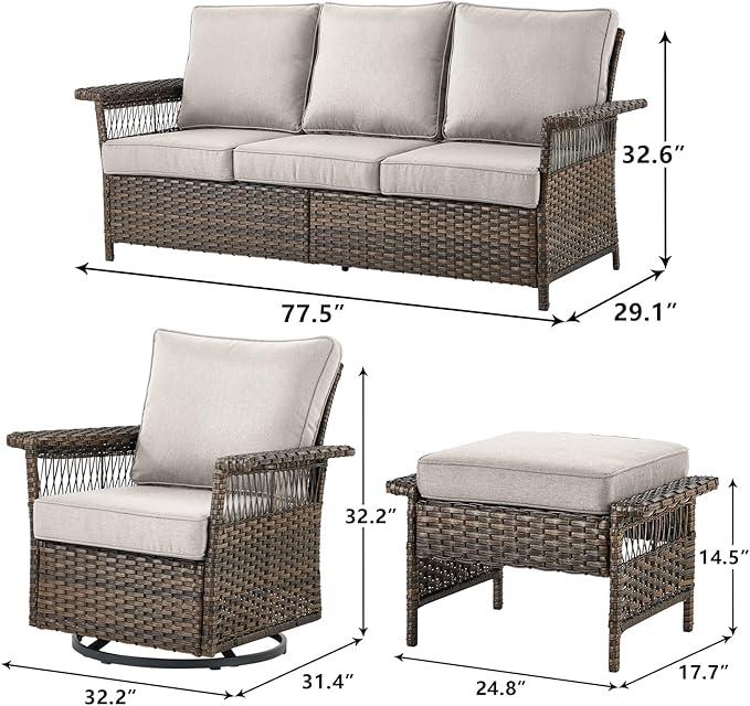 Outdoor Wicker Patio Furniture Set - 5 Piece Rattan Patio Conversation Sets with 2 Rocking Swivel Chairs,2 Ottomans and 1 Sofa for Porch Deck Garden(Brown/Beige)