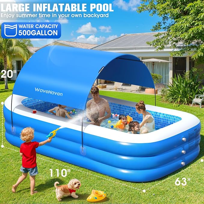 2026 Inflatable Pool with Canopy,Upgraded Blow Up Pool for Adults&Kids,Large Inflatable Pool with Seat and Big Backrest,Kiddie Pool with Shade,Kid Swimming Pool for Backyard 110"x63"x20"Blue