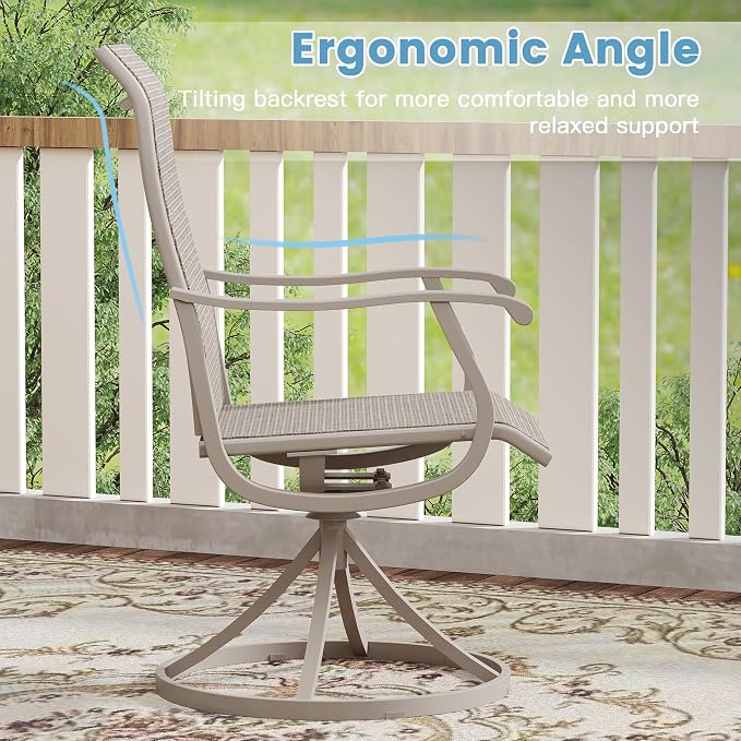 DIFY Outdoor Dining Set for 4, 5 Piece Patio Table and Chairs Set, Swivel Patio Dining Chairs with Textilene Fabric & 47.2" Round Metal Dining Table with Umbrella Hole, for Garden Backyard, Sandshell