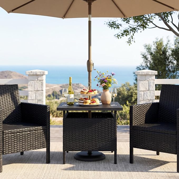 LDAILY Patio Table Umbrella, Outdoor Table with Umbrella Hole, Rattan Patio Side Table with Steel Umbrella Hole, HDPE Desktop & Metal Frame for Deck Garden Poolside Backyard Balcony (Black)