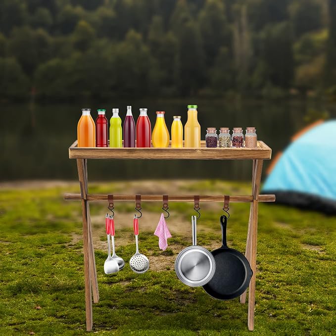 Wooden Portable Picnic Table Lightweight Wine Picnic Tables Original Wood Color Picnic Rack Beechwood Shelf for Storage Outdoor Kitchen RV for Picnic BBQ Home Storage