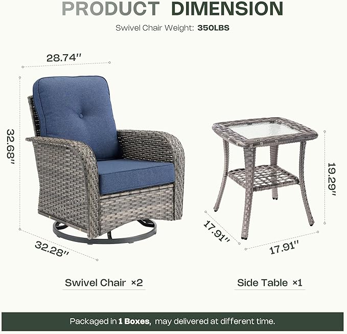 3-Piece Patio Furniture Set, Outdoor Wicker Furniture with Coffee Table, High Back Swivel Rocker Patio Chairs, Modern Rattan Outdoor Chairs Conversation Set for Porch, Balcony, Garden, Denim Blue